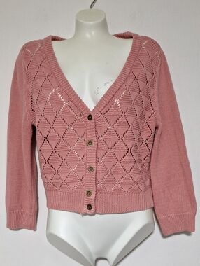 Modcloth Dusty Rose Cropped  Openwork V-Neck Button Cardigan 3/4 Sleeves
